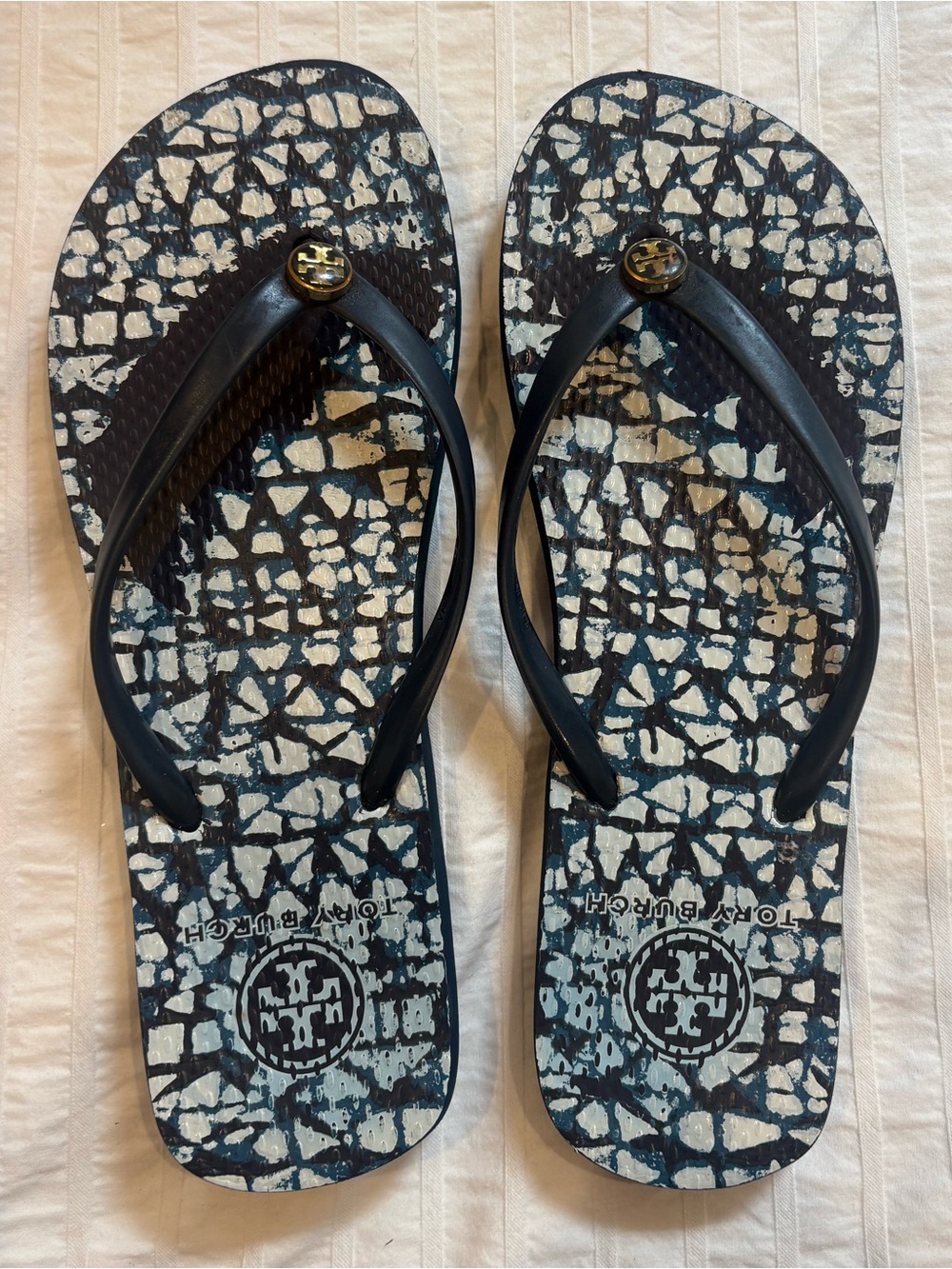 Tory Burch Black Flip Flops with Cream Stone-Patterned Footbeds